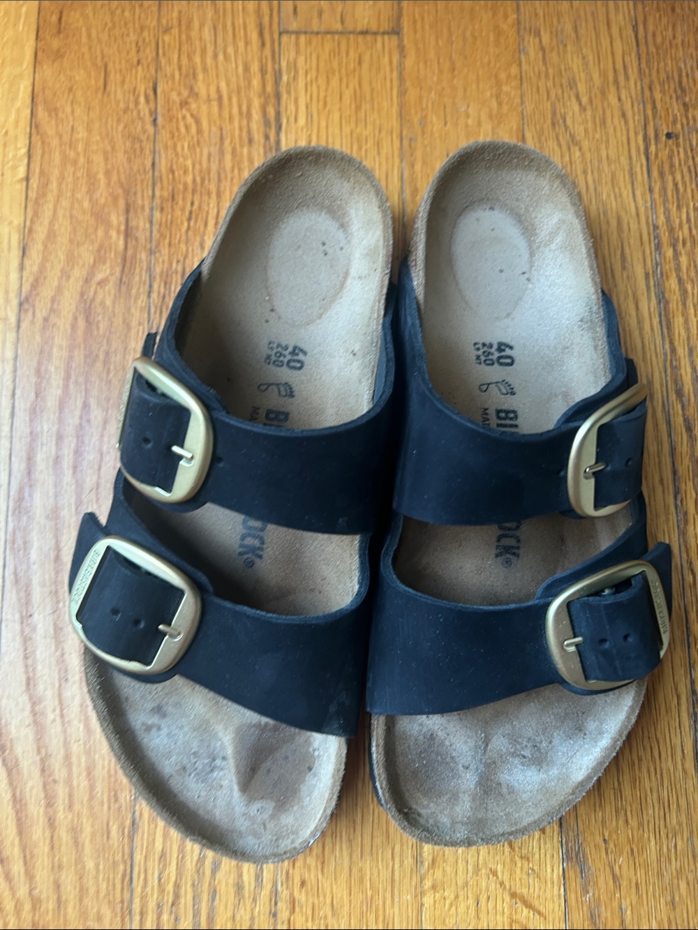 Birkenstock Black Big Buckle Sandals with Gold Buckles - Size 40